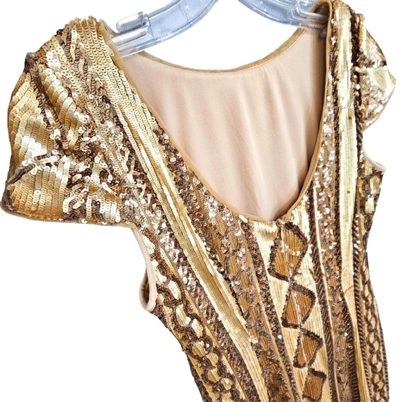 Nwot Adrianna Papell Cable Knit Cap Sleeves Gold Geometric Sequin Cocktail Dress - Picture 14 of 17